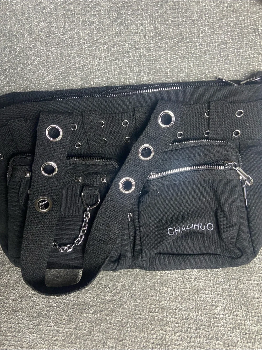 Black Canvas Grommet Belt Bag with Chain Accent